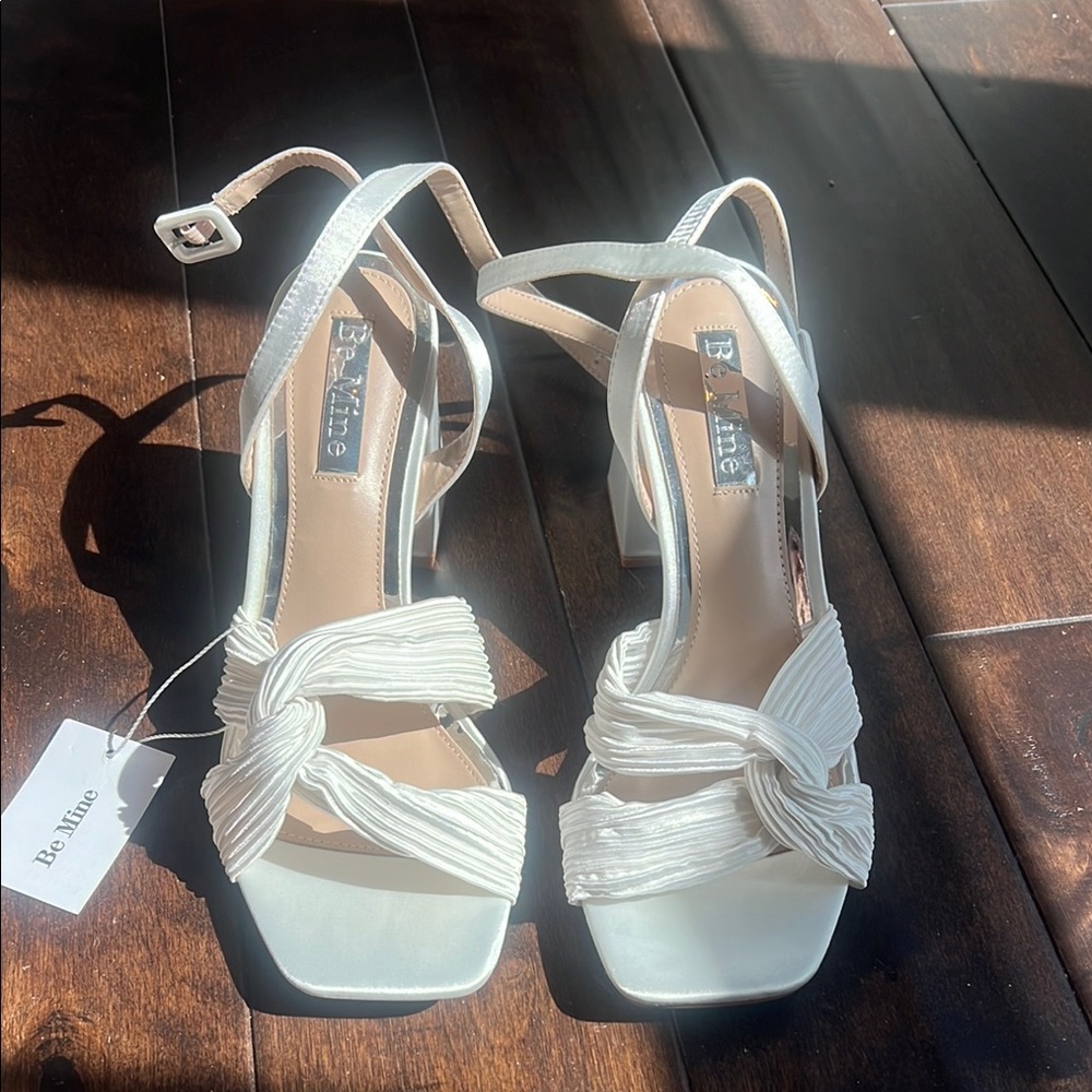 Be Mine Wide Fit Bridal Snuggle plisse block heeled sandals in ivory